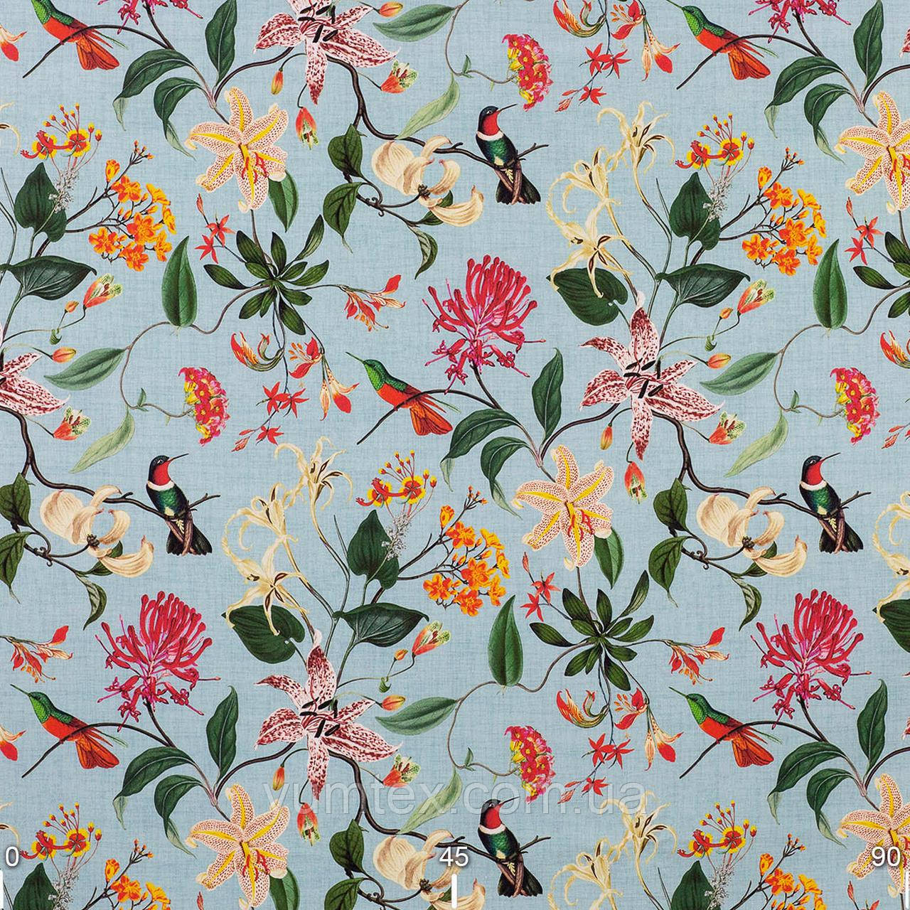 Ткань для штор, римских штор, скатертей и декора цветные растения и птицы на мятном фоне - фото 1 - id-p863418186