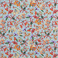 Ткань для штор, римских штор, скатертей и декора цветные веточки растений на бирюзовом фоне