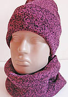 Комплект зимовий теплий, шапка + шарф (шапка + баф), з начосом, рожевий