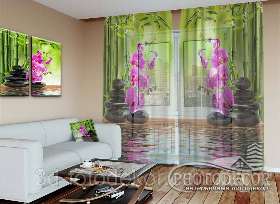 3D Фото Шторы "Бамбук и малиновые орхидеи на камнях" - Любой размер. Читаем описание! - фото 4 - id-p863785654