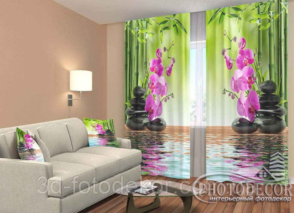 3D Фото Шторы "Бамбук и малиновые орхидеи на камнях" - Любой размер. Читаем описание! - фото 2 - id-p863785654