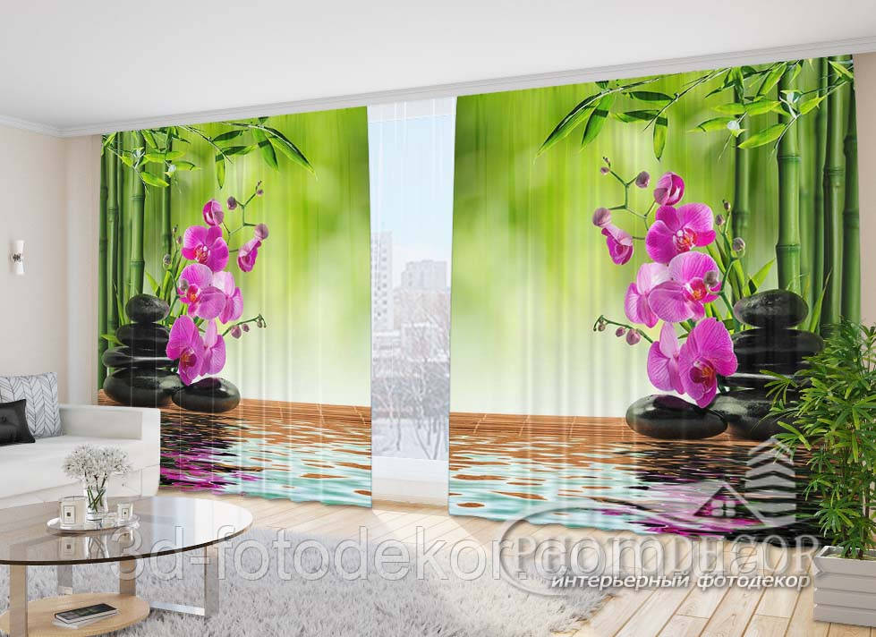 3D Фото Шторы "Бамбук и малиновые орхидеи на камнях" - Любой размер. Читаем описание! - фото 1 - id-p863785654