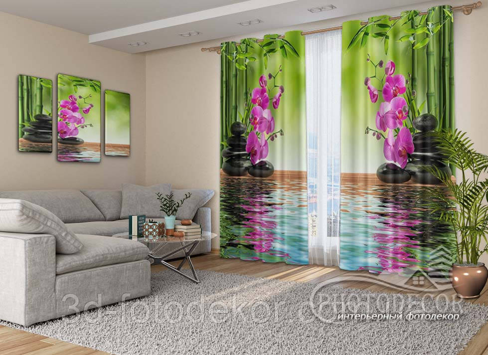 3D Фото Шторы "Бамбук и малиновые орхидеи на камнях" 2,7м*5,0м (2 полотна по 2,5м), тесьма - фото 3 - id-p863797460
