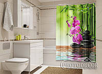 Фото Шторка для ванной "Бамбук и малиновые орхидеи на камнях" - цена указана за 1 м.кв. Читаем Описание!