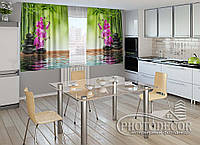 Фото Шторы для кухни "Бамбук и малиновые орхидеи на камнях" 1,5м*2,0м (2 полотна по 1,0м), тесьма