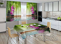 Фото комплект для кухні "Бамбук і малинові орхідеї на каменях" (штори 2,0м*2,9м; скатертина 1,45м*1,7м)