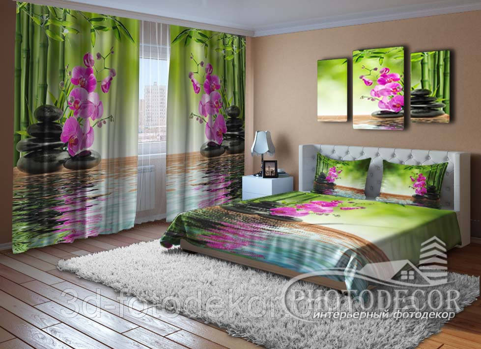 Комплект для спальни "Бамбук и малиновые орхидеи на камнях" - Любой размер! Читаем описание! - фото 2 - id-p863950755