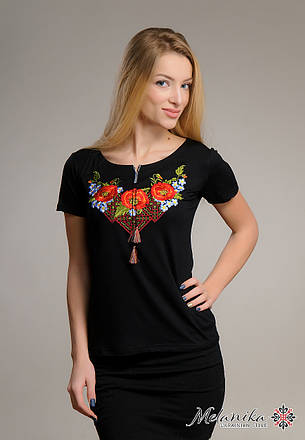 Чорна жіноча вишита футболка Диво маки вышиванка шара, размеры XS, M, L, фото 2