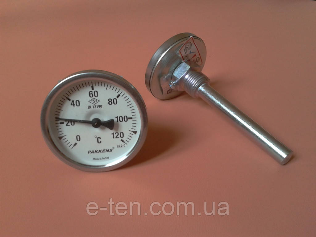 Термометр біметалічний трубчастий PAKKENS Ø63мм / від 0 до 120°С / трубка 10 см з різьбою 1/2" Туреччина