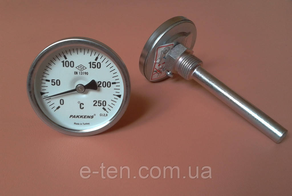 Термометр біметалевий трубчастий PAKKENS Ø 63 мм / Tmax = 250 °C / гільза L = 100 мм (з різзю 1/2") Туреччина