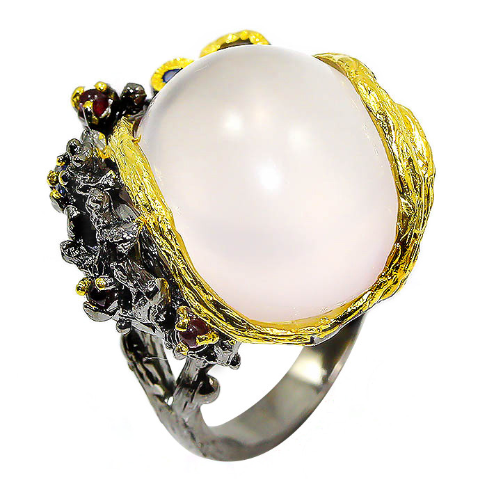 Срібна каблучка з натуральними рожевим кварцем, сапфірами размер18