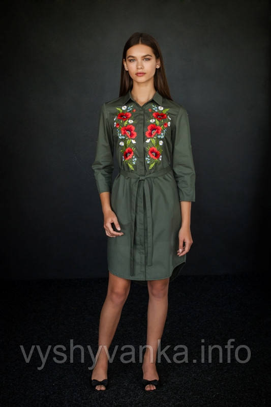 Оливкова сукня сорочка з вишивкою, арт. 4503