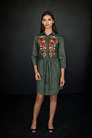 Оливковое платье рубашка с вышивкой, арт. 4503