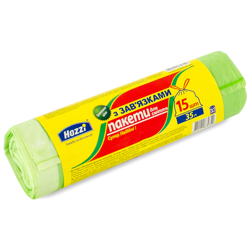 Пакети для сміття з затяжками 35 л х 15 шт. "ТМ Hozzi"