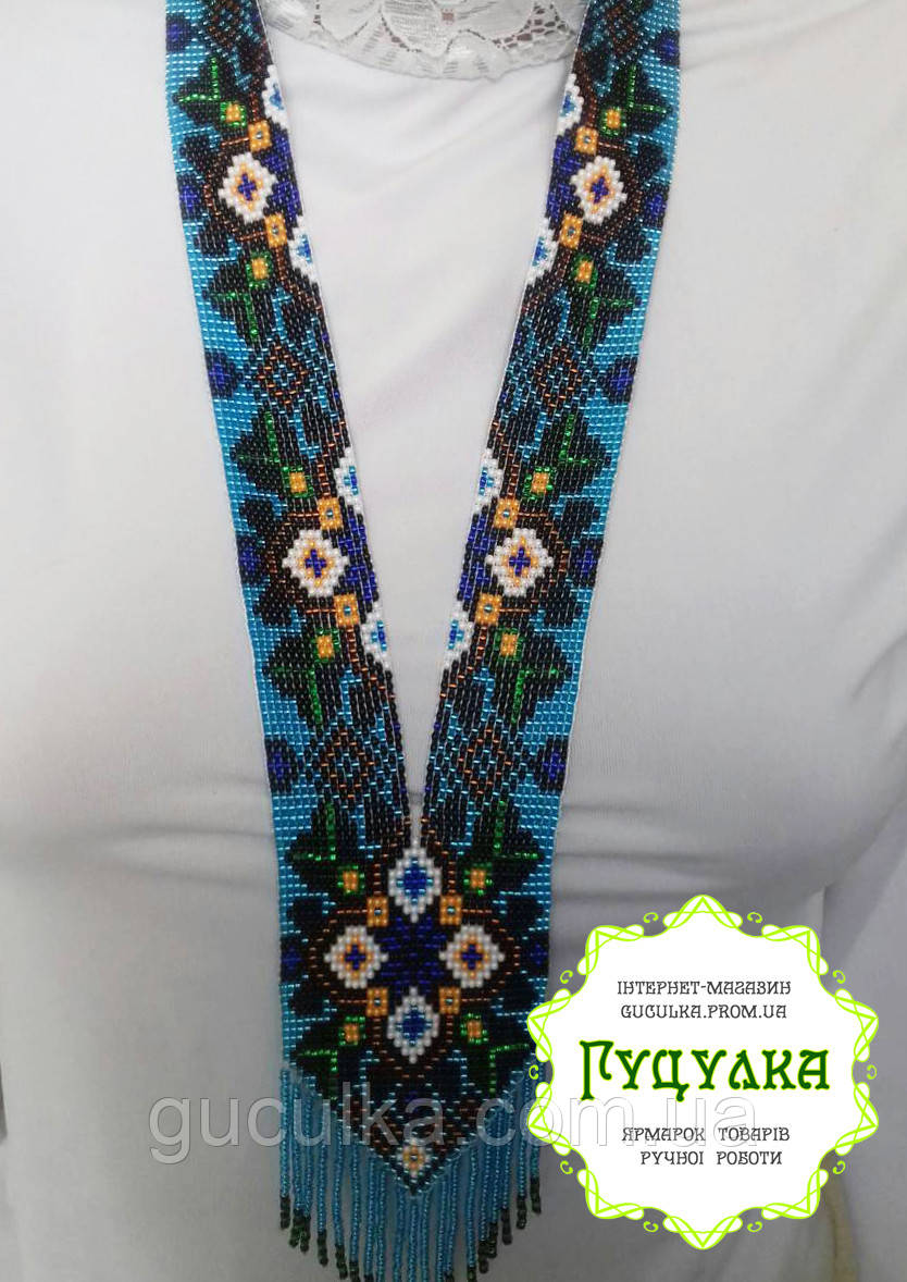 Гердан блакитний з бісеру "Орнамент Квітковий" ручної роботи, фото 1