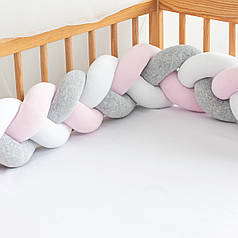 Бортик косичка рожевий 160х20 см, захист коса в дитяче ліжечко