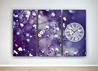 Фотокартина модульная с часами цветущие деревья сакуры Цветы на фиолетовом фоне 90*60х3 ч