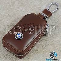 Ключница карманная (кожаная, коричневая, с карабином, на молнии, с кольцом), логотип авто BMW (БМВ)