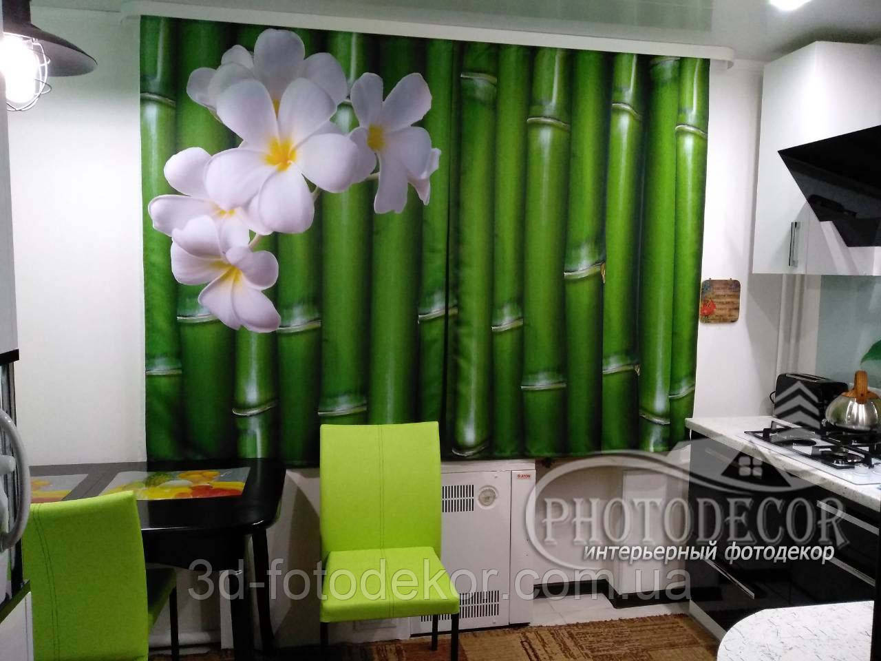 Фото Шторы для кухни "Бамбук и цветы" 1,5м*2,0м (2 полотна по 1,0м), тесьма - фото 5 - id-p169193056