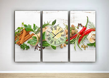 Картина настінні годинники, Декор для кухні, Червоний перець, Кориця, Натюрморт, Овочі 90х60см з 3-х частин