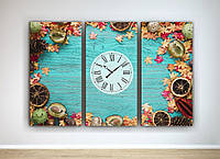 Картина модульная с бесшумными часами для кухни Апельсин Корица Какао 90х60см из 3х частей