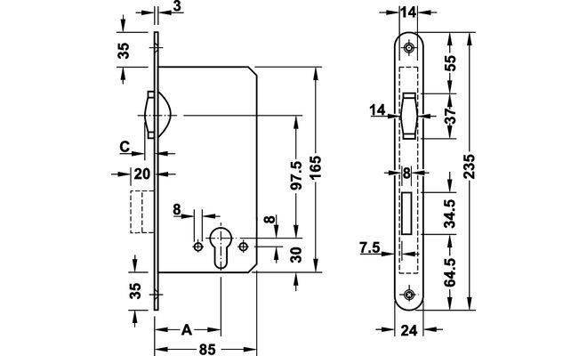 Замок с роликовым язычком для профильного цилиндра, латунь 55 24 PC, с ...