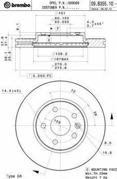 Гальмівний диск передній CHEVROLET, Opel Astra G, Опель Астра G (пр-во BREMBO 09.B355.10)