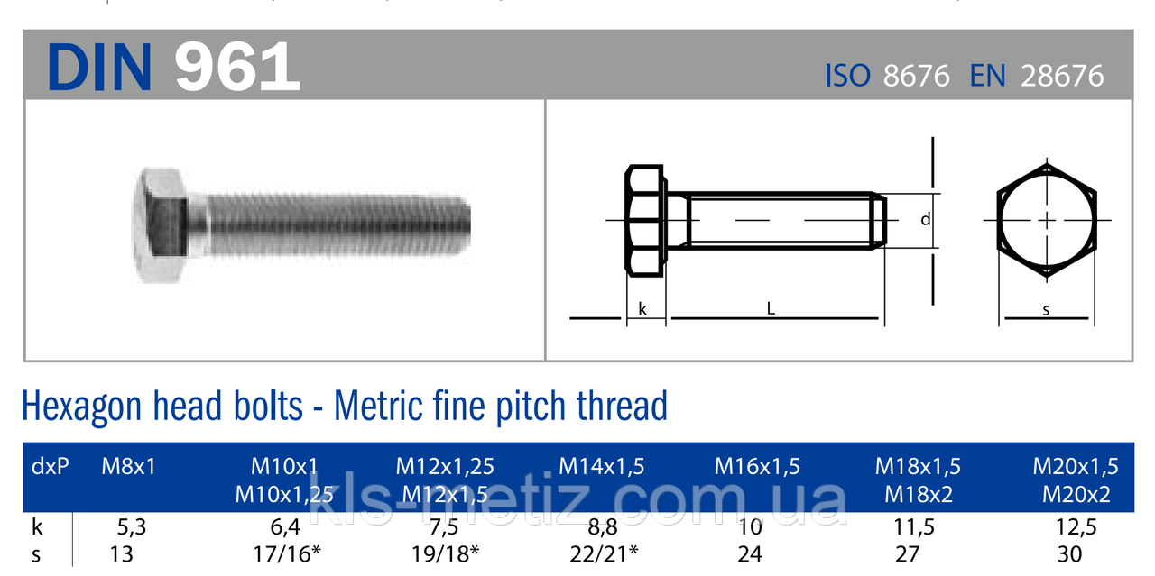 Болти високоміцні з дрібним кроком різьблення по DIN 961 від М8 до М36