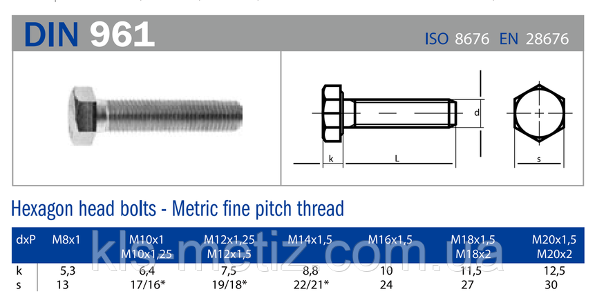 Болти високоміцні з дрібним кроком різьблення по DIN 961 від М8 до М36, фото 1