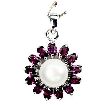 Елегантний срібний кулон натуральні перли та родоліт гранат