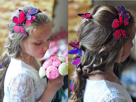 Об'ємні 3D метелики на стіну (шпалери) для декору подвійні фіолетові кольорові, фото 2