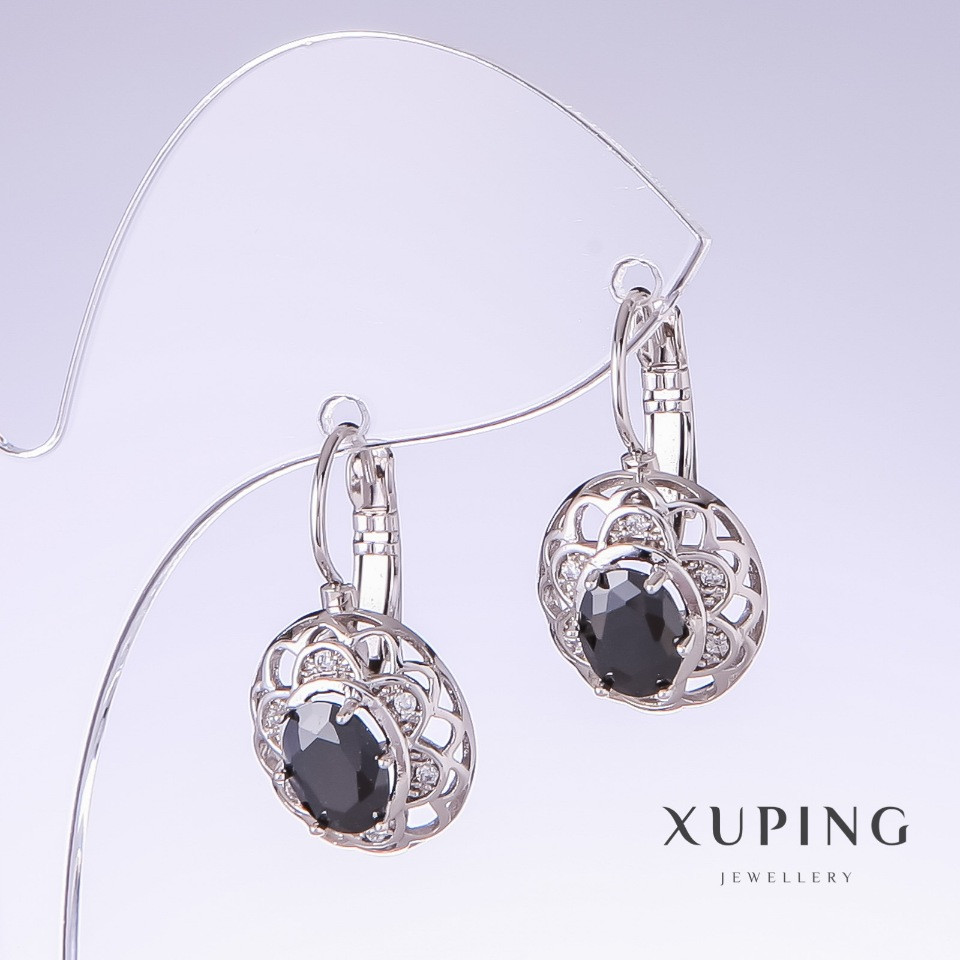 Сережки Xuping з чорними цирконами L-25мм s-12мм родій, фото 1