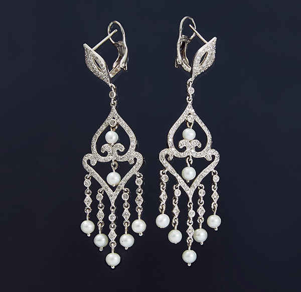 Жіночі сережки з білого золота з діамантами і перлами С37Л1№19