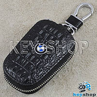 Ключница карманная (кожаная, черная, с тиснением, с карабином, с кольцом), логотип авто BMW (БМВ)