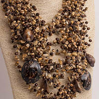 Комплект прикрас (кольє намисто, намисто, сережки) з дерева і морських мушлів "Шоколадний мус"