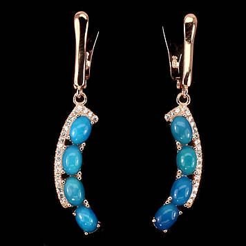 Сережки рідкісний натуральний природний блакитний вогненний опал. Срібло 925, позолота 14 каратів