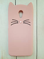 Объемный 3D силиконовый чехол для Meizu M6s Розовый усатый кот