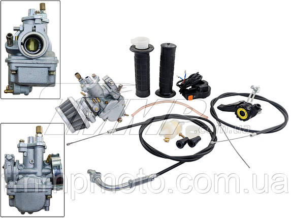 Карбюратор веломотора з регулюванням заслінки (+2 троси + регулятор заслінки та блок керма) 50/60/80 см3, фото 2
