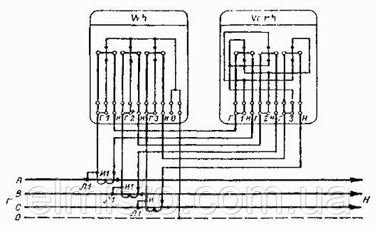 Схема полукосвенного включення трьохелементної лічильників активної і реактивної енергії в четырехпроводную мережу з суміщеними ланцюгами струму і напруги