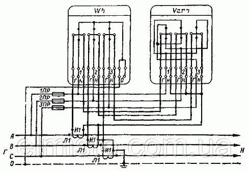 Схема полукосвенного включення трьохелементної лічильників активної і реактивної енергії в четырехпроводную мережу з окремими ланцюгами струму і напруги