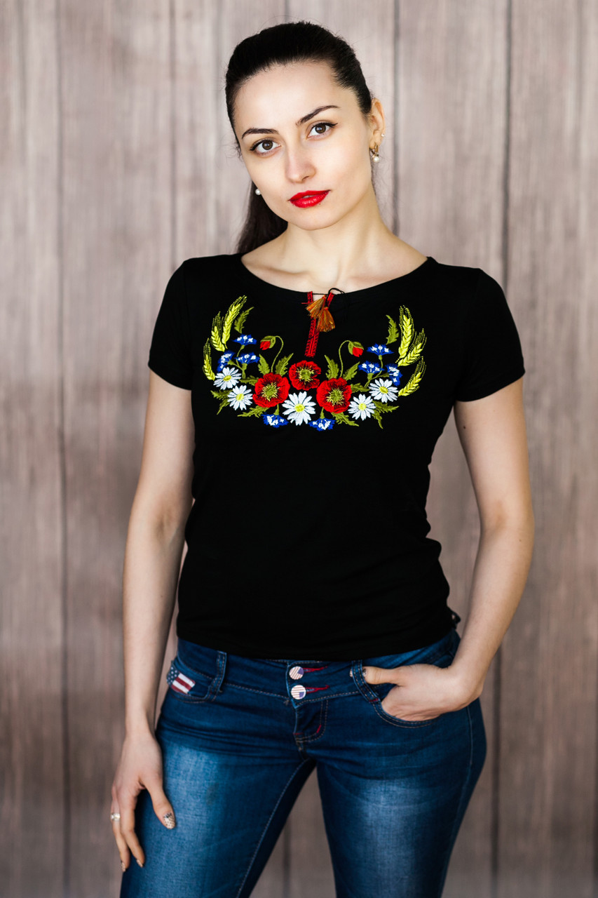 Черная женская вышитая футболка с завязками «Венок с колосками» - фото 2 - id-p32699361