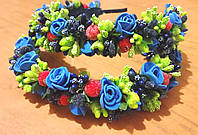Обруч для волос Синий Зеленый с ягодками и цветами из фоамирана