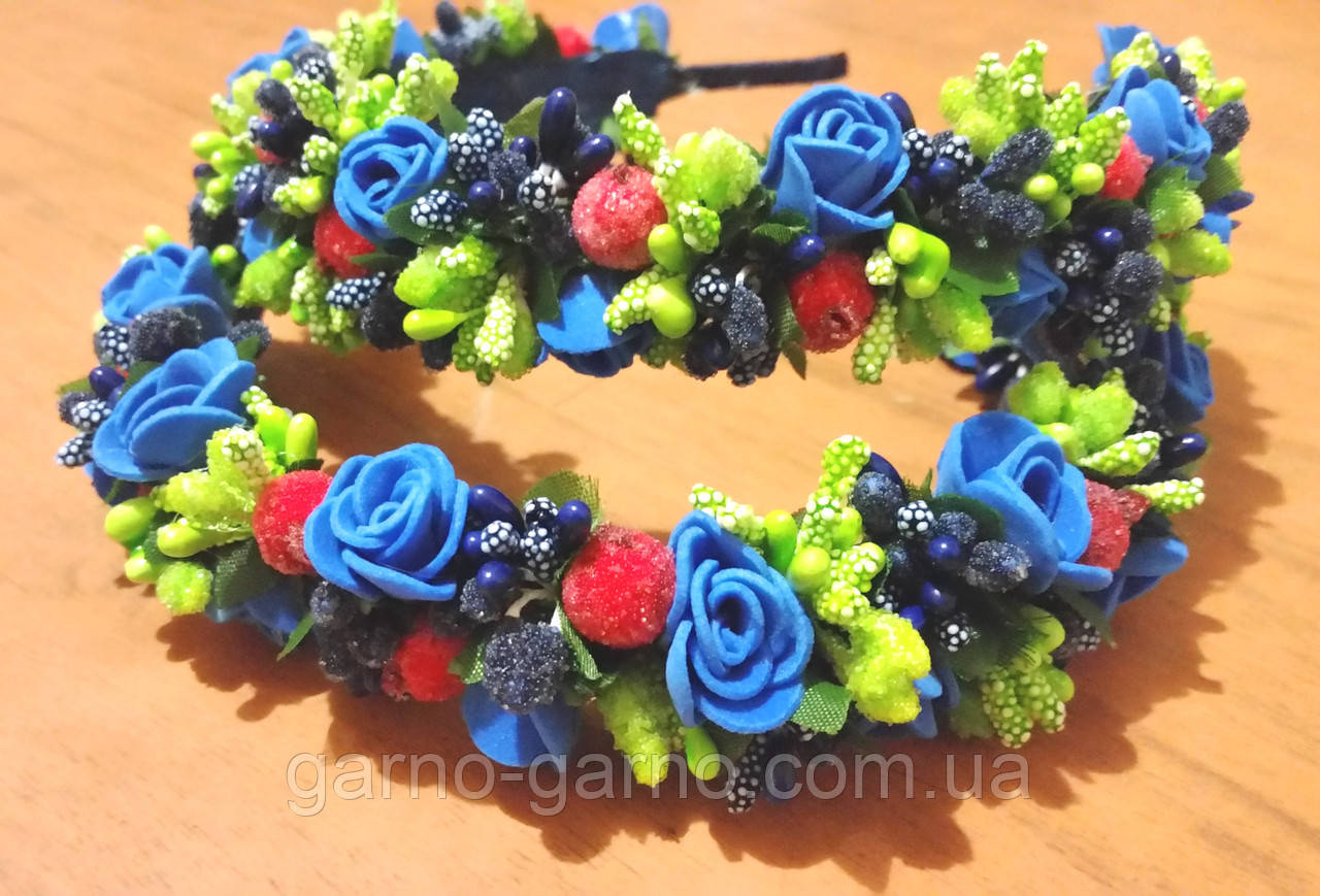 Обруч для волосся Синій Зелений із ягодами та квітами з фоамрану