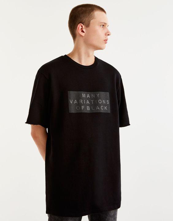 Футболка чоловіча подовжена Pull and bear - Чорна з принтом (чоловіча футболка)