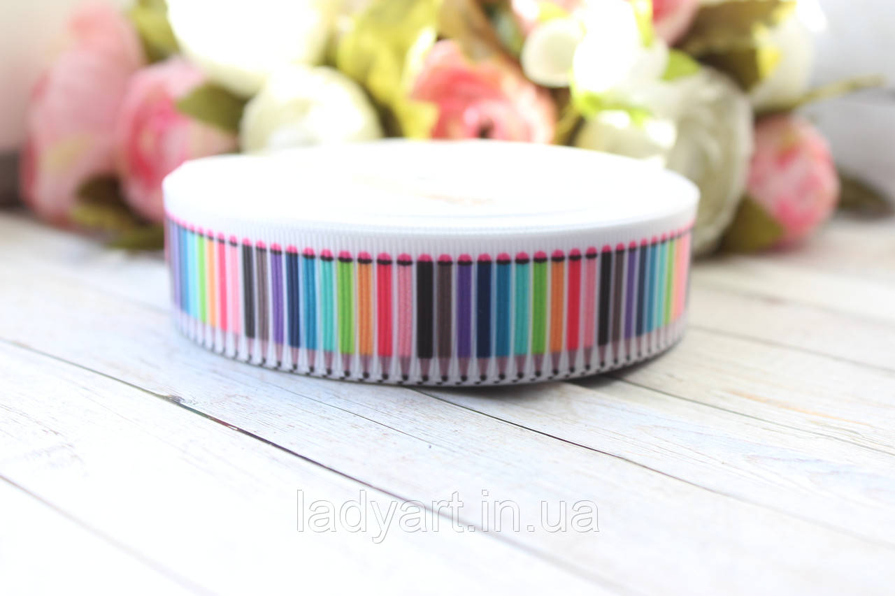 Стрічка репсова з малюнком 2.5 см "Школа олівці", 25 ярд, гуртом, фото 1