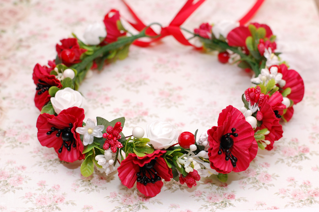 Вінок на голову / віночок для волосся з червоними маками, ягідками та білими квітами 96 Об, фото 1