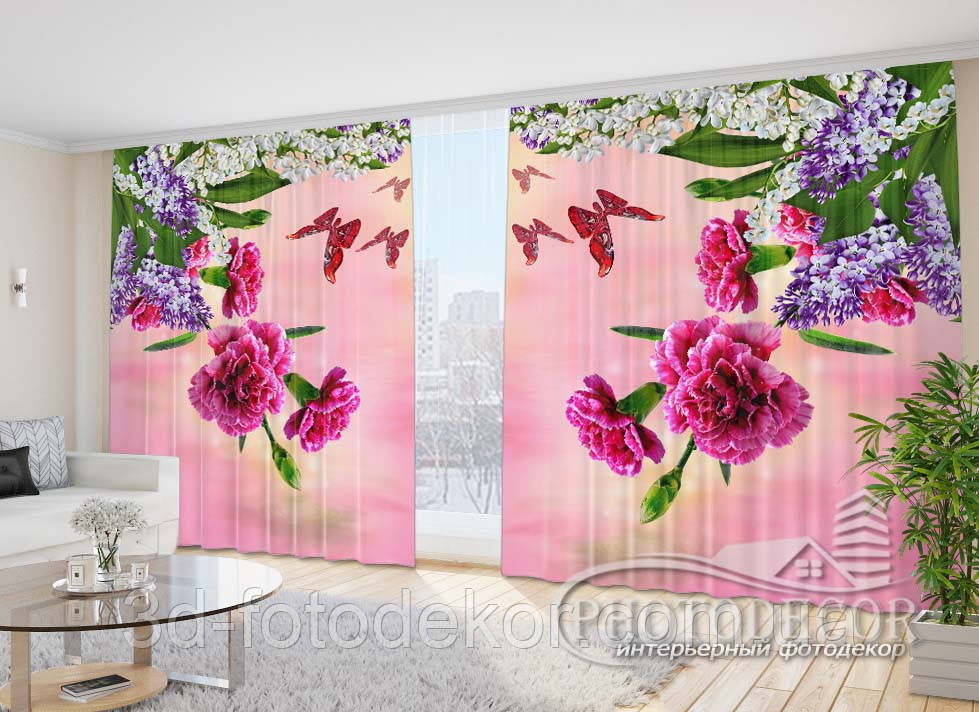 3D Фото Штори в зал "Гвоздики, лілії і метелики" 2,7 м*4,0 м (2 полотна по 2,0 м), тасьма