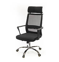 Офисное кресло для персонала с подголовником и спинкой из сетки КРОКУС СH TILT черная ткань