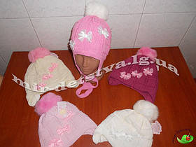 Дитяча зимова шапка для дівчинки. Вовняна шапка на флісі р.48-50 см, 50% вовна (бубони — натуральне хутро)