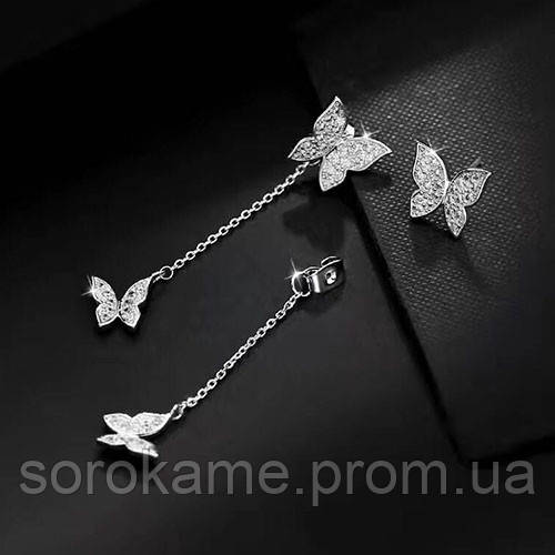Неймовірні сережки метелика покриття срібло 925 проби, циркон 2 способи носіння - фото 1 - id-p872965573